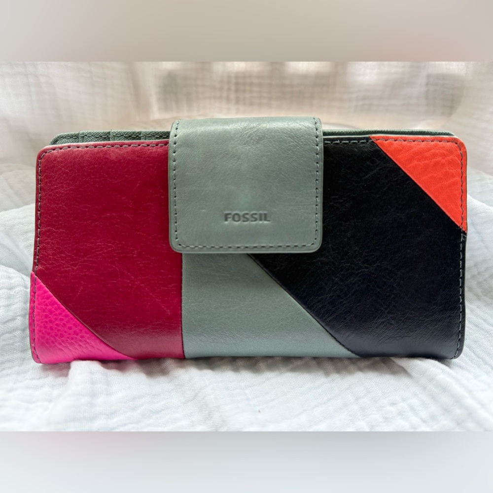 Fossil Leather Zip Around Wristlet Wallet Colorblock Patchwork